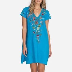 Johnny Was Turquoise Nohea Linen Draped Tunic Dress with floral embroidery